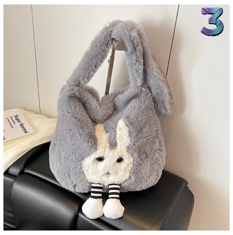 Cute Plush Cartoon Tote – Grote Capaciteit, Grijze Shoulder Bag