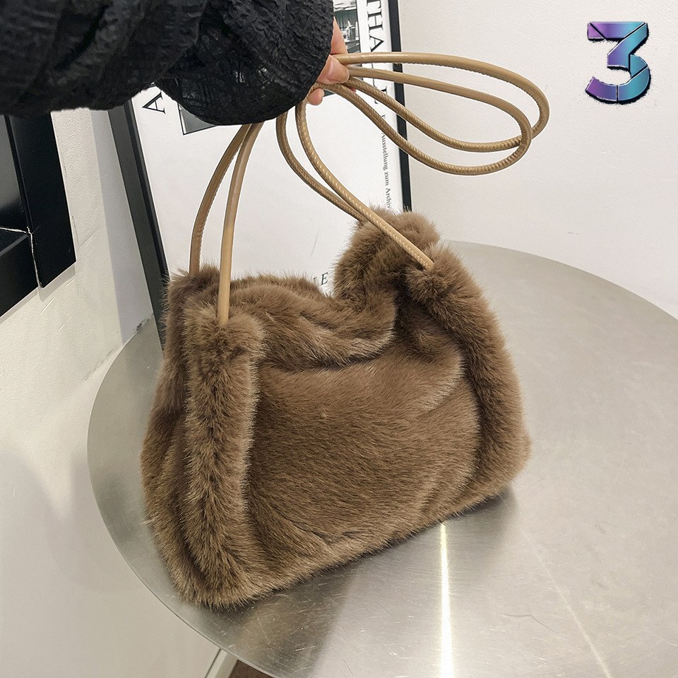 Milan Mink Plush Schoudertas – Koffiekleur, herfst‑ en wintercollectie