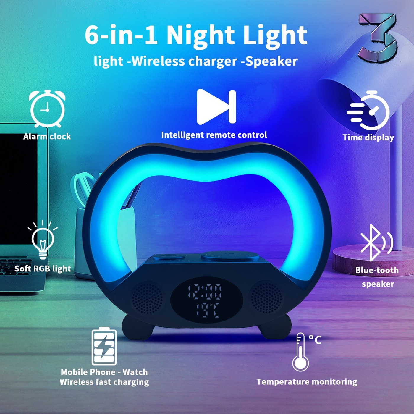 6-in-1 Smart LED Tafel Lamp met Draadloze Oplader en Bluetooth Speaker