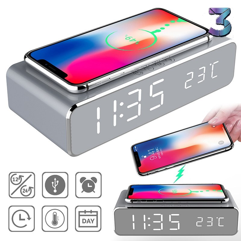 LED Nachtlamp Alarmklok met Draadloze Oplader en Thermometer